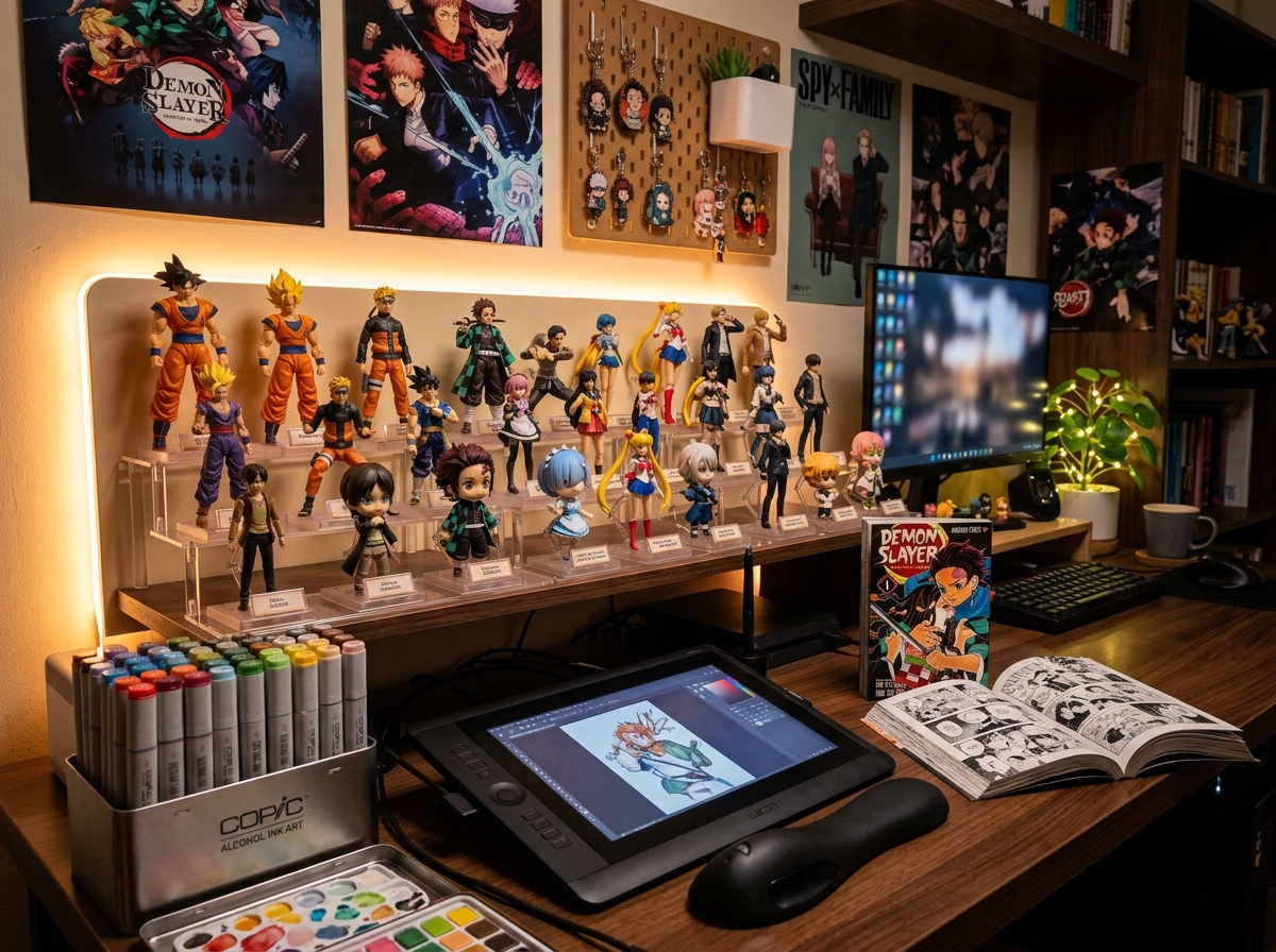 Anime figurines collection on display shelf with manga books and drawing tablet