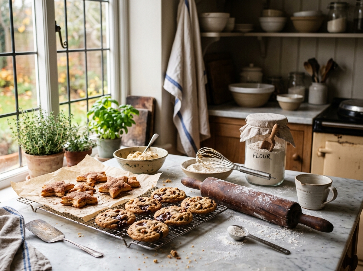 Artisan baking cookies and pastries with rolling pin and flour
