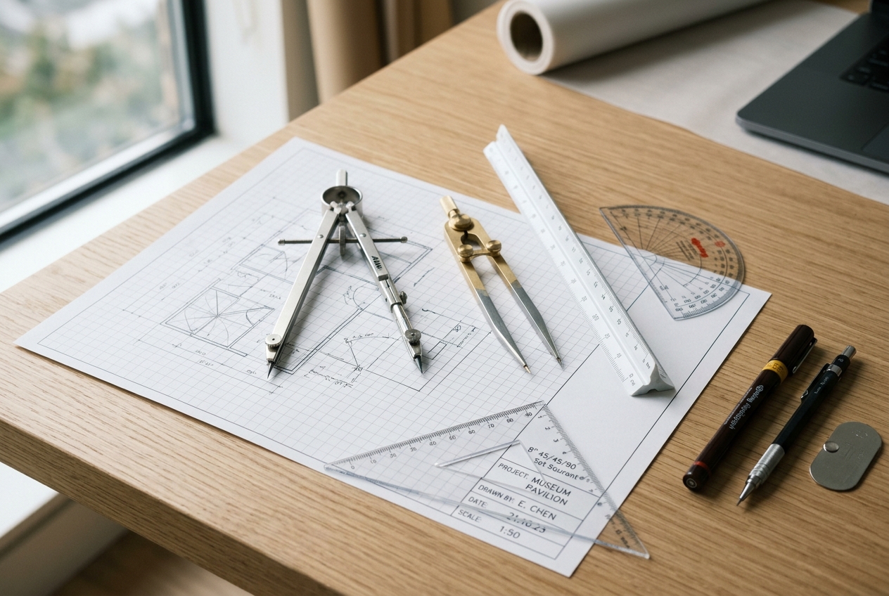 Precision mathematical geometry instruments with drafting compass, scale ruler, protractor, set square, and technical drafting pen on architect desk