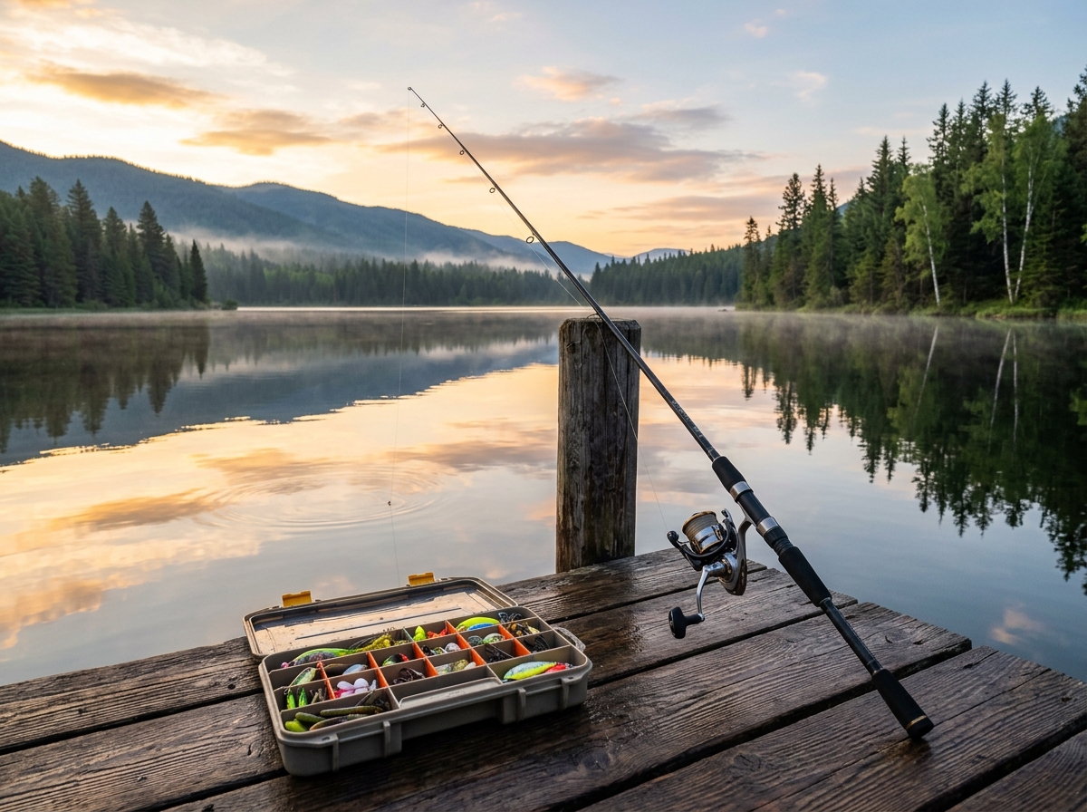Fishing rod, spinning reel and tackle box on wooden dock at scenic lake