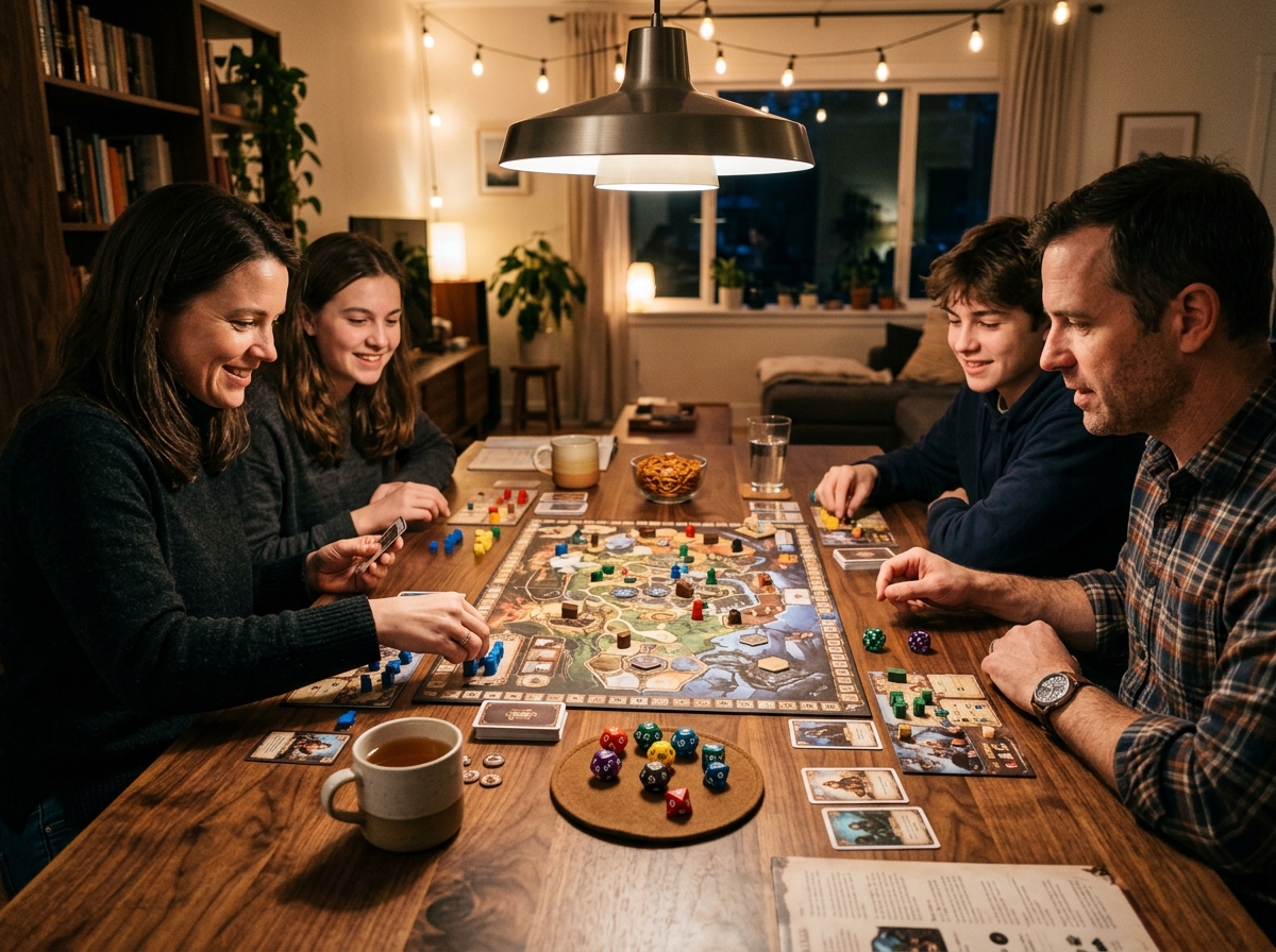 Family and friends playing modern tabletop strategy board game with polyhedral dice