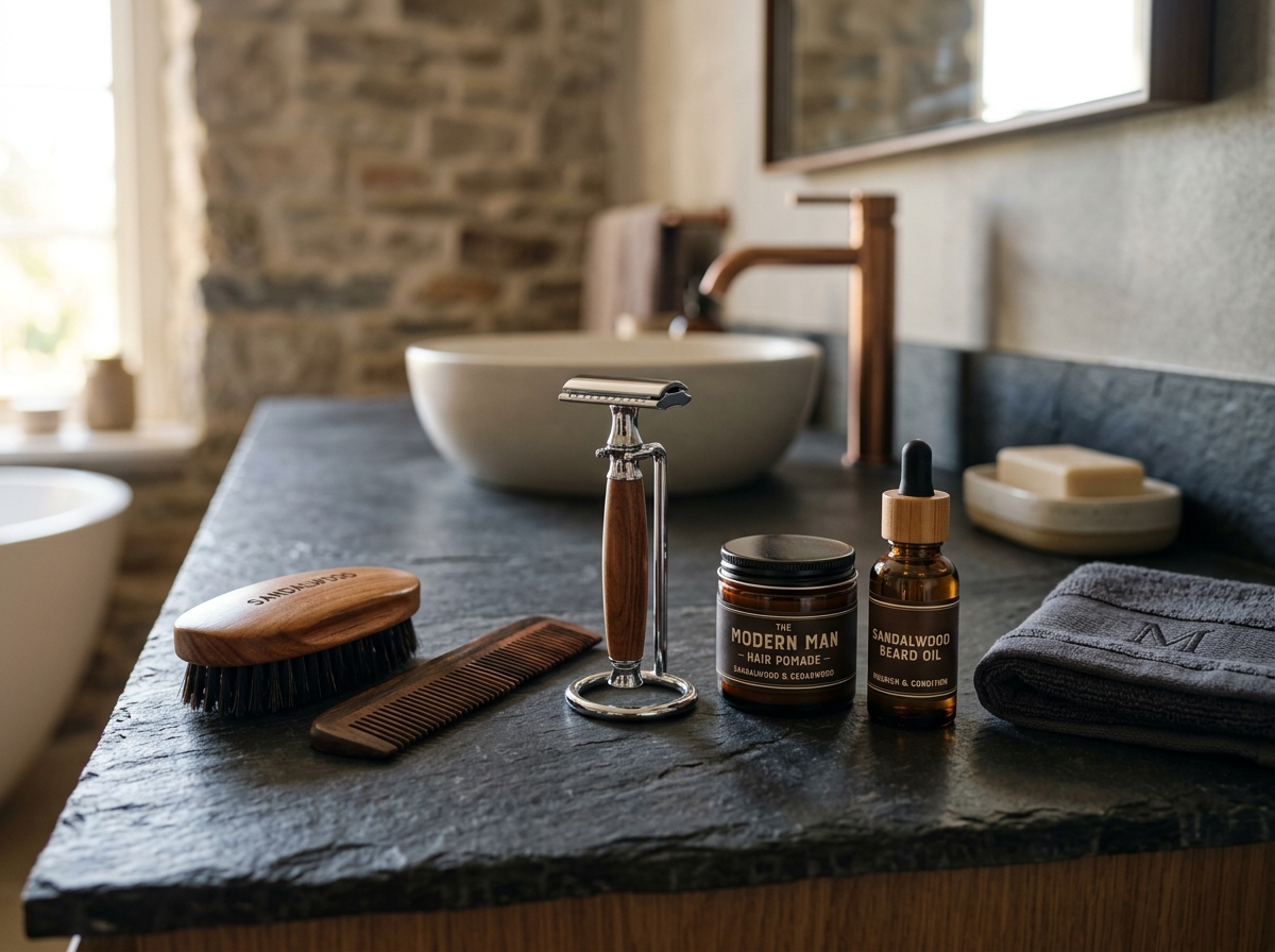 Men's grooming kit with sandalwood brush, safety razor, and beard oil on slate vanity