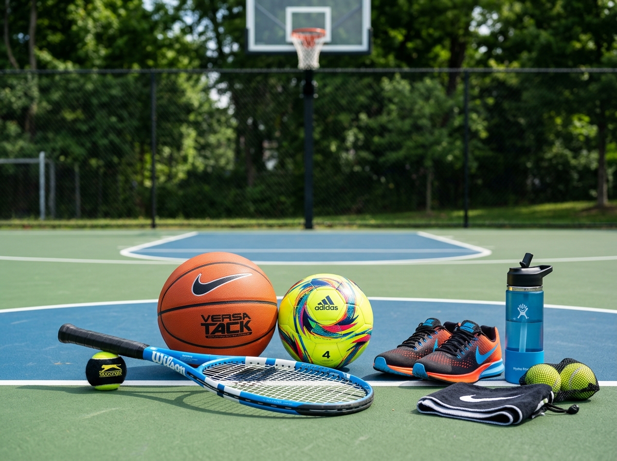 Basketball, soccer ball, tennis racket, and running shoes on athletic court