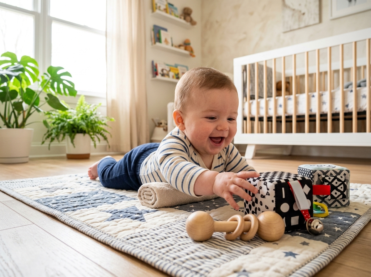 Infant engaged in tummy time with sensory developmental toys