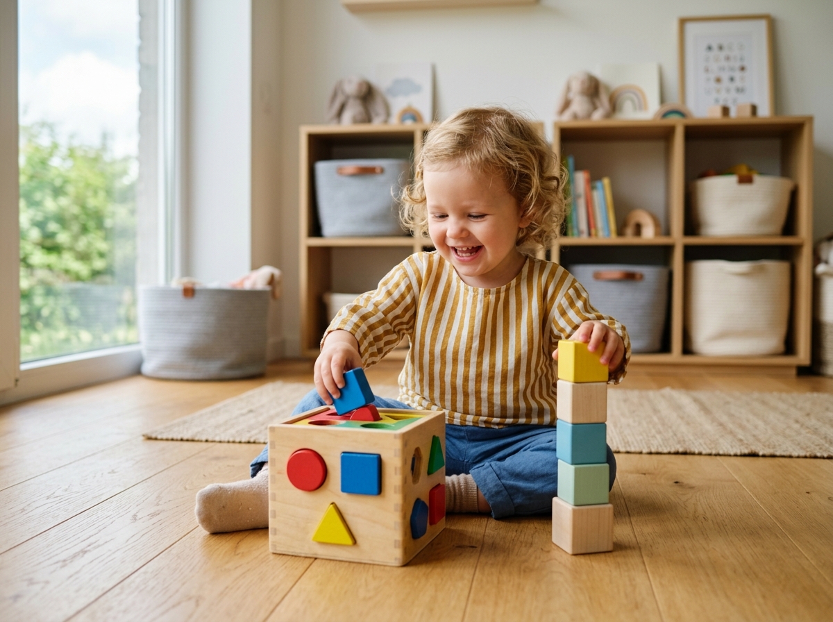 Toddler playing with wooden shape sorting cube and stacking blocks
