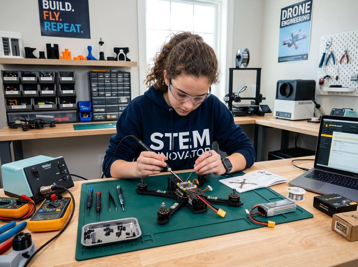 Teenager building and testing DIY drone electronics on workbench