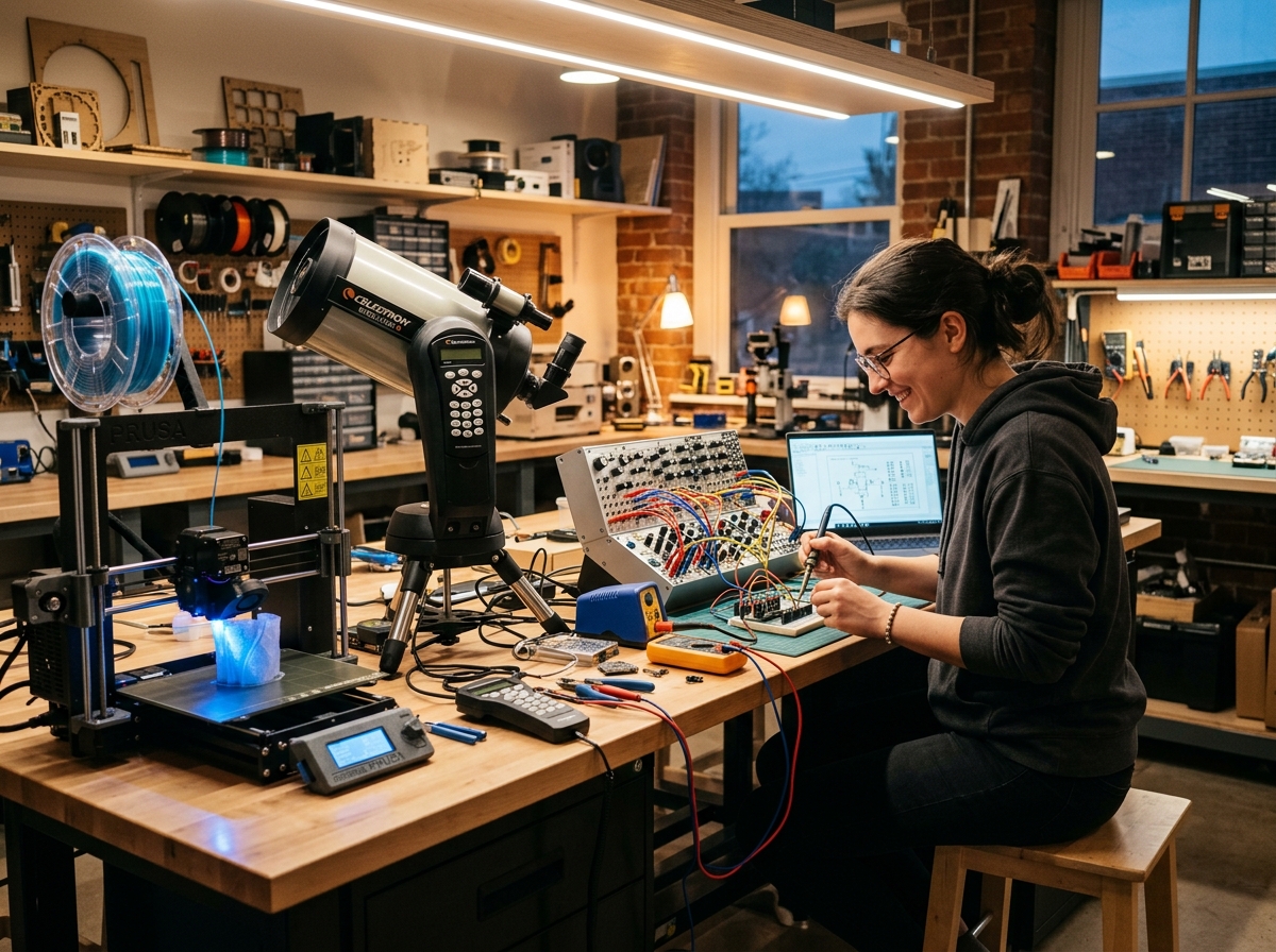 Young adult hobbyist working on 3D printer and electronics