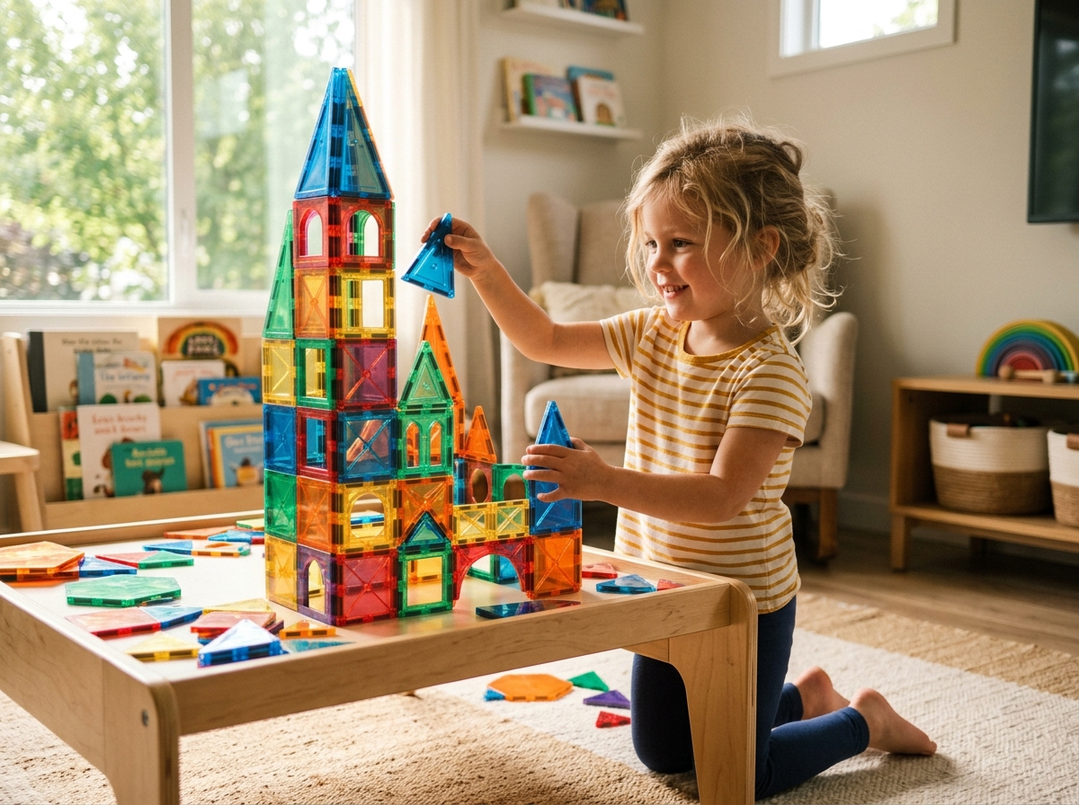 Preschool child building colorful geometric magnetic tile towers