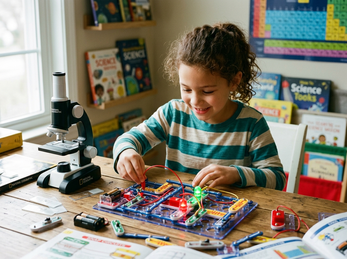 School-age child experimenting with electronic snap circuits and microscope