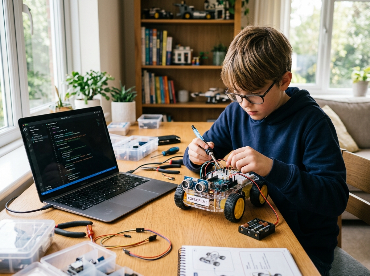 Pre-teen child programming robotics rover with sensor controllers